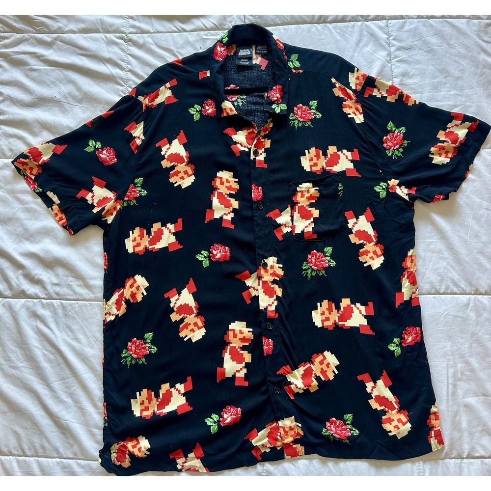 Super Mario Bros 8-bit Hawaiian Tropical Fire Mens Shirt Size 2XL (XXL)